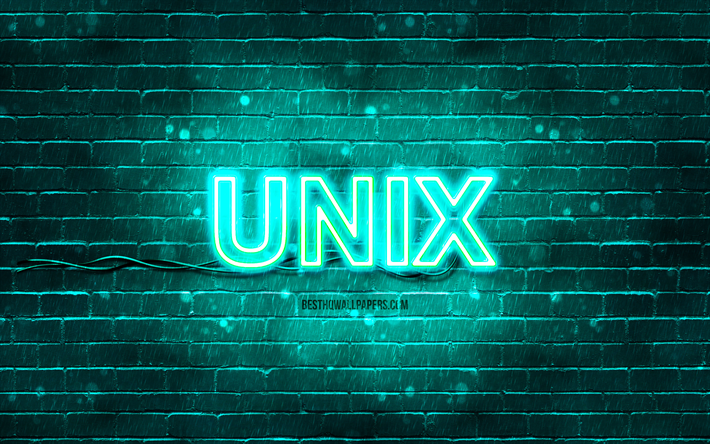 unix-t&#252;rkis-logo, 4k, t&#252;rkisfarbene brickwall, unix-logo, betriebssysteme, unix-neon-logo, unix