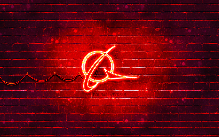 Boeing red logo, 4k, red brickwall, Boeing logo, brands, Boeing neon logo, Boeing