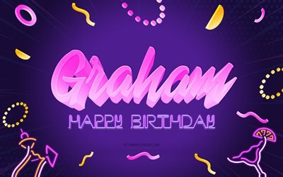 お誕生日おめでとうグラハム, 4k, 紫のパーティーの背景, グレアム, クリエイティブアート, グラハムお誕生日おめでとう, グラハムの名前, グラハムの誕生日, 誕生日パーティーの背景
