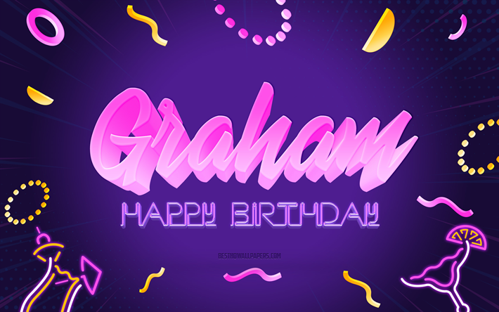 Happy Birthday Graham, 4k, Purple Party Background, Graham, creative art, Happy Graham birthday, Graham name, Graham Birthday, Birthday Party Background