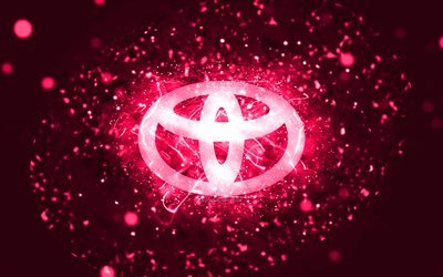 Toyota vaaleanpunainen logo, 4k, vaaleanpunaiset neon valot, luova, vaaleanpunainen abstrakti tausta, Toyota logo, automerkit, Toyota