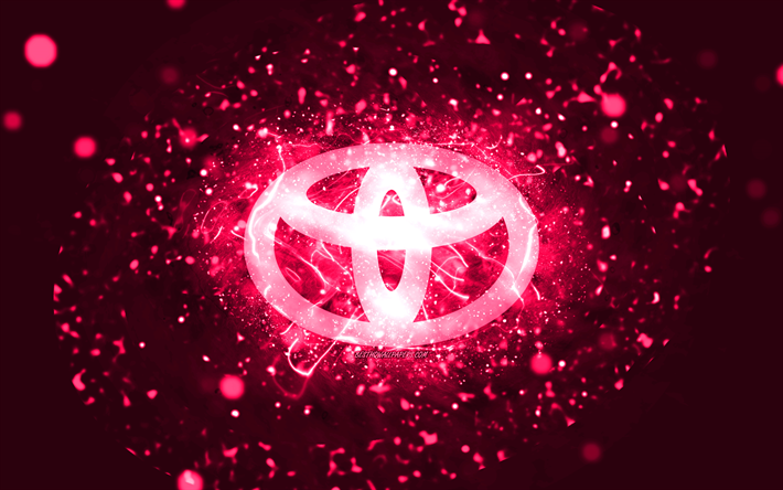 Toyota pink logo, 4k, pink neon lights, creative, pink abstract background, Toyota logo, cars brands, Toyota