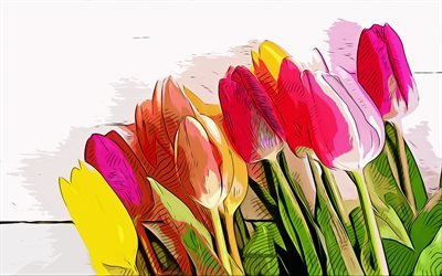 bouquet de tulipes, 4k, vecteur de l&#39;art, dessin de bouquet de tulipes, art cr&#233;atif, art de bouquet de tulipes, dessin vectoriel, fleurs abstraites, tulipes