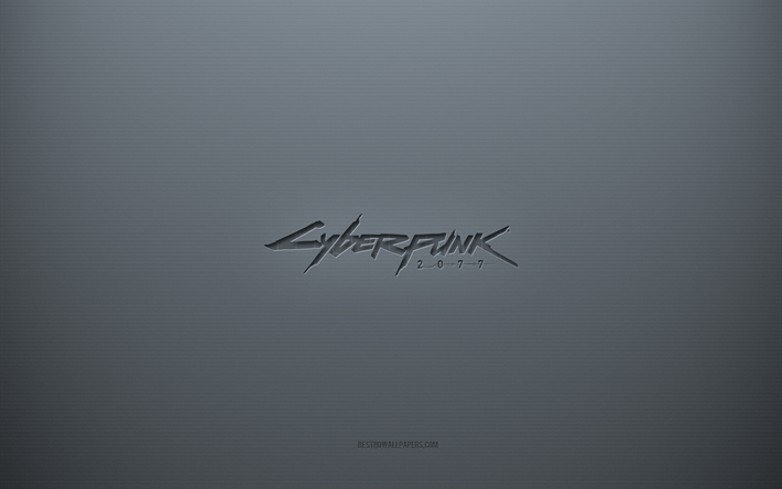 cyberpunk 2077-logo, grauer kreativer hintergrund, cyberpunk 2077-emblem, graue papierstruktur, cyberpunk 2077, grauer hintergrund, cyberpunk 2077 3d-logo