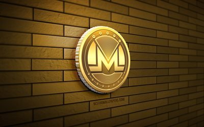 Logo Monero dorato, 4K, muro di mattoni giallo, creativo, criptovaluta, logo Monero 3D, logo Monero, arte 3D, Monero