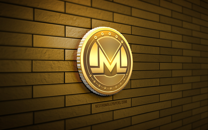Monero gyllene logotyp, 4K, gul tegelv&#228;gg, kreativ, kryptovaluta, Monero 3D-logotyp, Monero-logotyp, 3D-konst, Monero