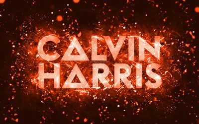 Logo Calvin Harris arancione, 4k, DJ scozzesi, luci al neon arancioni, creativo, sfondo astratto arancione, Adam Richard Wiles, logo Calvin Harris, stelle della musica, Calvin Harris