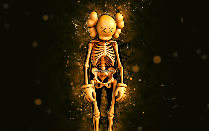 Oranssi KAWS Skeleton, 4k, oranssit neonvalot, Fortnite Battle Royale, Fortnite-hahmot, Oranssi KAWS Skeleton Skin, Fortnite, Oranssi KAWS Skeleton Fortnite