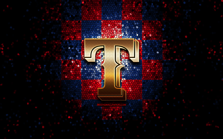 Emblema de los Rangers de Texas, logotipo brillante, MLB, fondo a cuadros rojo azul, equipo de b&#233;isbol estadounidense, Grandes Ligas de B&#233;isbol, arte de mosaico, b&#233;isbol, Rangers de Texas