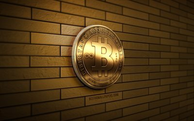 Bitcoin golden logo, 4K, yellow brickwall, creative, cryptocurrency, Bitcoin 3D logo, Bitcoin logo, 3D art, Bitcoin