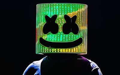 Marshmello, green neon mask 4k, vector art, Marshmello drawing, creative art, Marshmello art, vector drawing, American DJ, Marshmello DJ