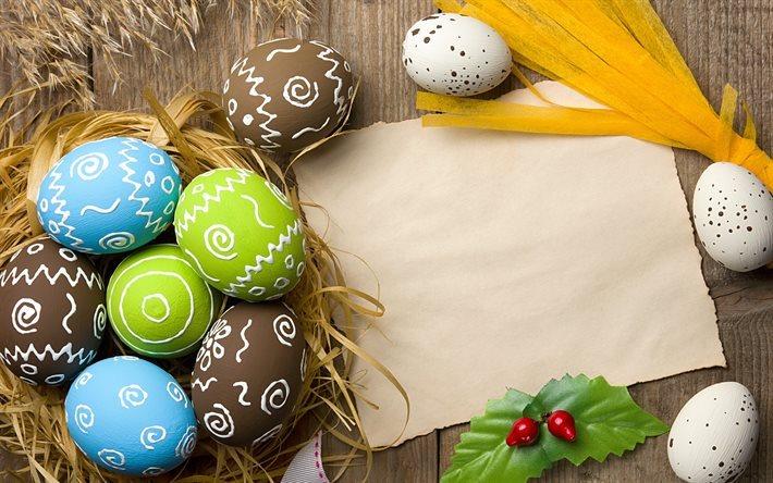 Los huevos de pascua, primavera, fondo de madera, de Pascua