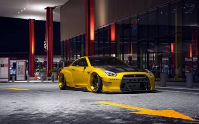 Rocketbunny Pandem Nissan GT-R, tuning, R35, yellow GT-R, supercars stance, Nissan