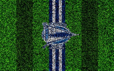 Deportivo Alaves FC, 4k, logo, football lawn, Spanish football club, blue white lines, grass texture, emblem, La Liga, Vitoria-Gasteiz, Spain, football