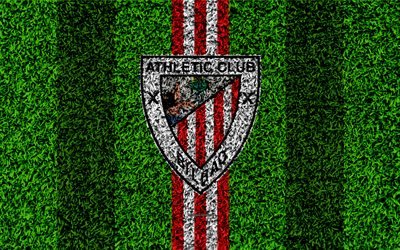 Athletic Bilbao, 4k, logo, football lawn, Spanish football club, red white lines, grass texture, emblem, La Liga, Bilbao, Spain, football