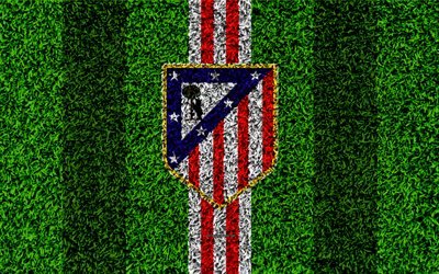 Atletico Madrid FC, 4k, logo, football lawn, Spanish football club, red white lines, grass texture, emblem, La Liga, Madrid, Spain, football