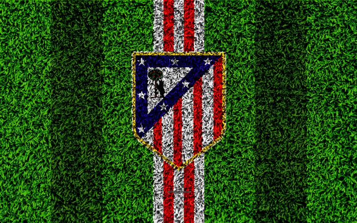 أتلتيكو مدريد FC, 4k, شعار, كرة القدم العشب, الاسباني لكرة القدم, الأحمر خطوط بيضاء, العشب الملمس, الدوري الاسباني, مدريد, إسبانيا, كرة القدم