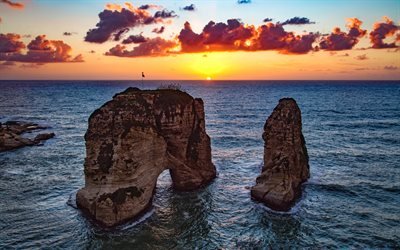 Pigeon Rocks, 4k, sunset, sea, Raouche, Beirut, Lebanon