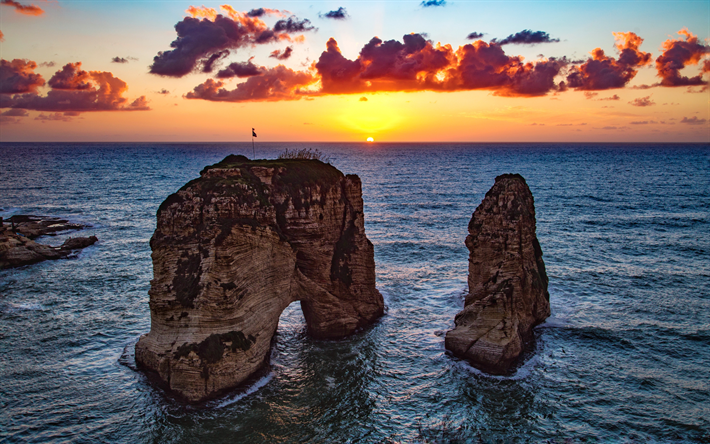 Pigeon Rocks, 4k, sunset, havet, Raouche, Beirut, Libanon