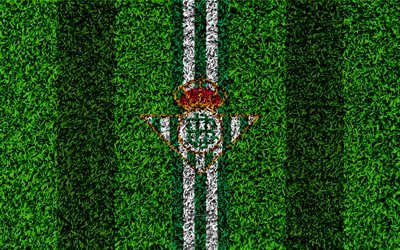Real Betis FC, 4k, logo, football lawn, Spanish football club, green white lines, grass texture, emblem, La Liga, Sevilla, Spain, football, Real Betis Balompie