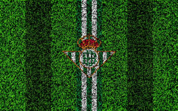 Real Betis FC, 4k, logo, football lawn, Spanish football club, green white lines, grass texture, emblem, La Liga, Sevilla, Spain, football, Real Betis Balompie