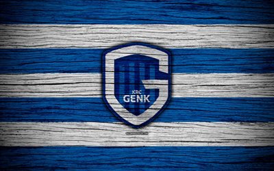 Genk FC, 4k, logo, Jupiler Pro League, wooden texture, KRC Genk, Belgium, soccer, Belgian First Division A, football, FC Genk