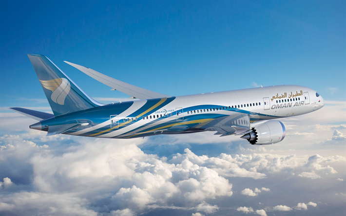 Boeing 787 Dreamliner, plane in the sky, passenger plane, Oman air, sky, Boeing