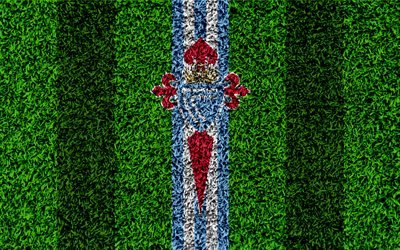 Celta Vigo, 4k, logo, football lawn, Spanish football club, blue and white lines, grass texture, emblem, La Liga, Vigo, Spain, football, Celta de Vigo