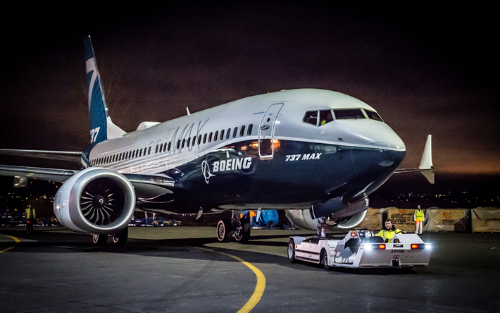 4k, Boeing 737 MAX, havaalanı, yolcu u&#231;ağı, gece, Sivil Havacılık, Boeing