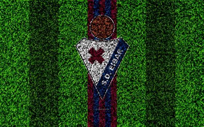 SD Eibar, 4k, logo, football lawn, Spanish football club, blue violet lines, grass texture, Eibar emblem, La Liga, Eibar, Spain, football