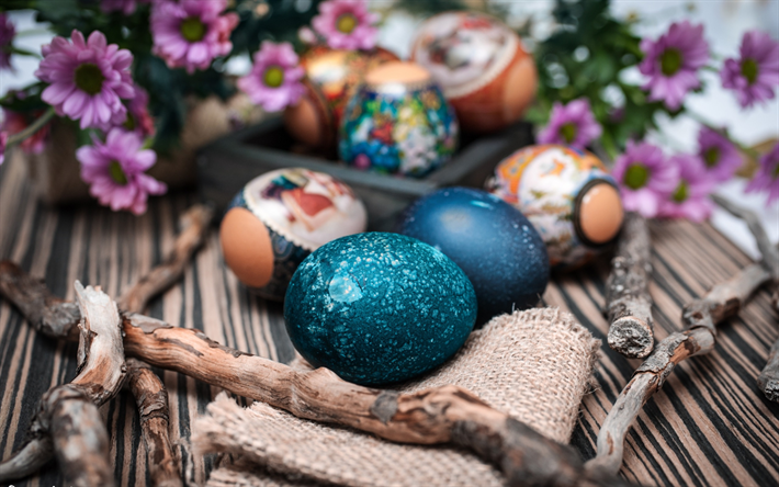 Easter eggs, spring decoration, blue easter eggs, purple flowers, Happy Easter