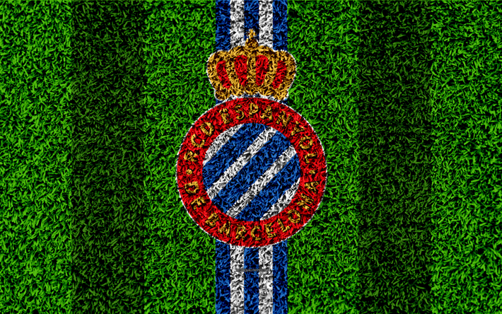 RCD Espanyol, 4k, logo, football lawn, Espanyol FC, Spanish football club, blue white lines, grass texture, emblem, La Liga, Barcelona, Spain, football