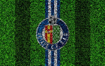 Getafe CF, 4k, logo, football lawn, Spanish football club, blue white lines, grass texture, emblem, La Liga, Getafe, Spain, football, Getafe FC