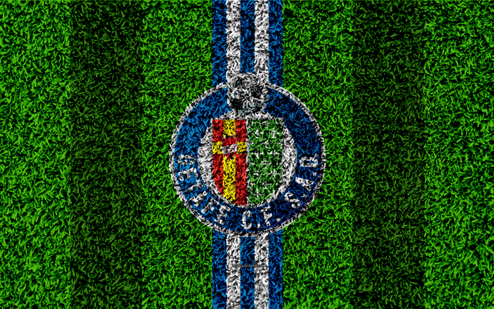 خيتافي CF, 4k, شعار, كرة القدم العشب, الاسباني لكرة القدم, الأزرق خطوط بيضاء, العشب الملمس, الدوري الاسباني, خيتافي, إسبانيا, كرة القدم, خيتافي FC