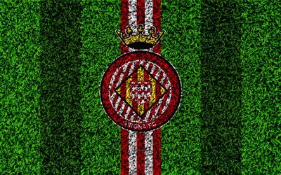 Girona FC, 4k, logo, football lawn, Spanish football club, red white lines, grass texture, emblem, La Liga, Girona, Spain, football