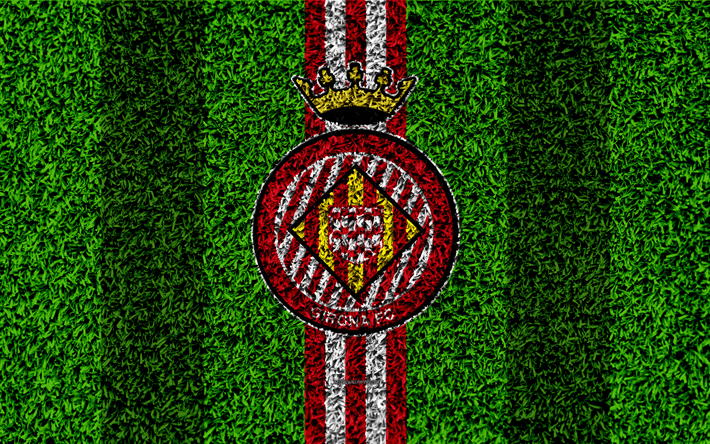 جيرونا FC, 4k, شعار, كرة القدم العشب, الاسباني لكرة القدم, الأحمر خطوط بيضاء, العشب الملمس, الدوري الاسباني, جيرونا, إسبانيا, كرة القدم