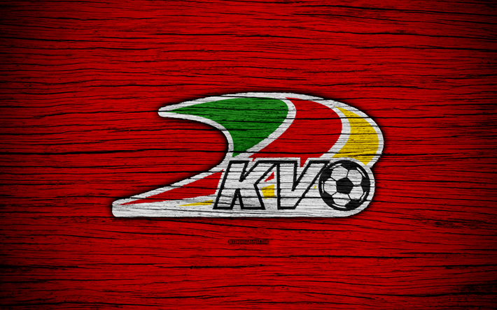 Oostende FC, 4k, logo, Jupiler Pro League, wooden texture, KV Oostende, Belgium, soccer, Belgian First Division A, football, FC Oostende