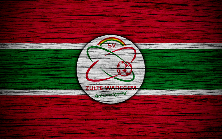 Zulte Waregem FC, 4k, logo, Jupiler Pro League, textura de madeira, SV Zulte Waregem, B&#233;lgica, futebol, Belga Primeira Divis&#227;o De Um, FC Zulte Waregem