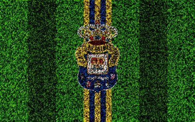 UD Las Palmas, 4k, logo, football lawn, Spanish football club, yellow blue lines, grass texture, emblem, La Liga, Las Palmas de Gran Canaria, Spain, football, Las Palmas FC