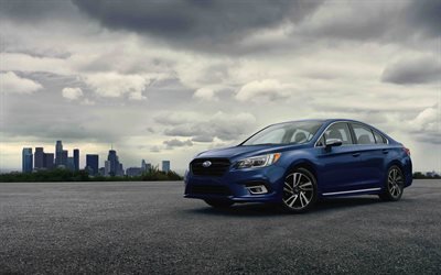 Subaru Legacy, 4k, aparcamiento, 2018 coches, azul Legado, los coches japoneses, nuevo Legado, Subaru