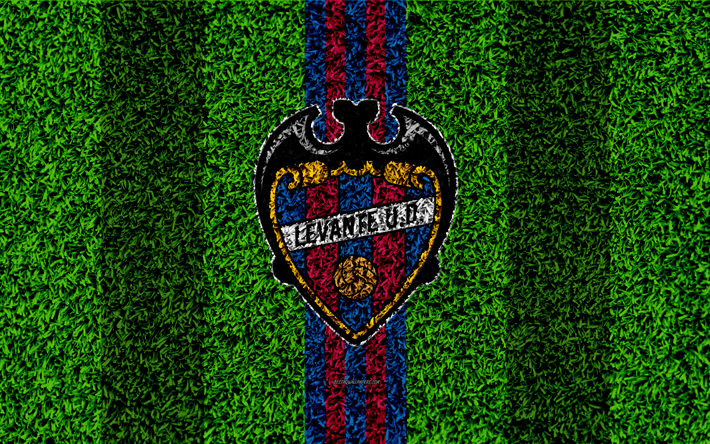 Levante UD, 4k, logo, football lawn, Spanish football club, blue violet lines, grass texture, emblem, La Liga, Valencia, Spain, football, Levante FC