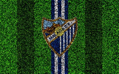 Malaga FC, 4k, logo, football lawn, Spanish football club, blue white lines, grass texture, emblem, La Liga, Malaga, Spain, football, Malaga CF