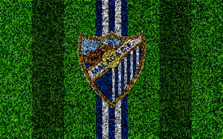 Malaga FC, 4k, logo, jalkapallo nurmikko, Espanjan football club, blue white lines, ruohon rakenne, tunnus, La Liga, Malaga, Espanja, jalkapallo, Malaga CF