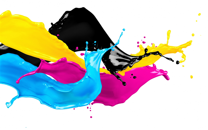 CMYK conceitos, salpicos de tinta, tecnologia de impress&#227;o, pintura, CMYK