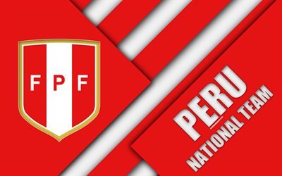 Peru national football team, 4k, emblem, material design, red white abstraction, logo, football, Peru, coat of arms