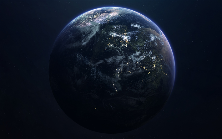 Maan, planeetta, y&#246;, mantereella, valtameret, kaupungit valot avaruudesta