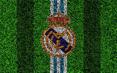 Real Madrid, 4k, logo, football lawn, Spanish football club, blue white lines, grass texture, emblem, La Liga, Madrid, Spain, football, Real Madrid CF