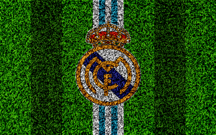 Real Madrid, 4k, logo, jalkapallo nurmikko, Espanjan football club, blue white lines, ruohon rakenne, tunnus, La Liga, Madrid, Espanja, jalkapallo, Real Madrid CF