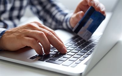 お支払いオンライン, 信用カード, 4k, オンラインショッピング, クレジットカード手, ノート, コンピュータ, お支払い概念, 事業