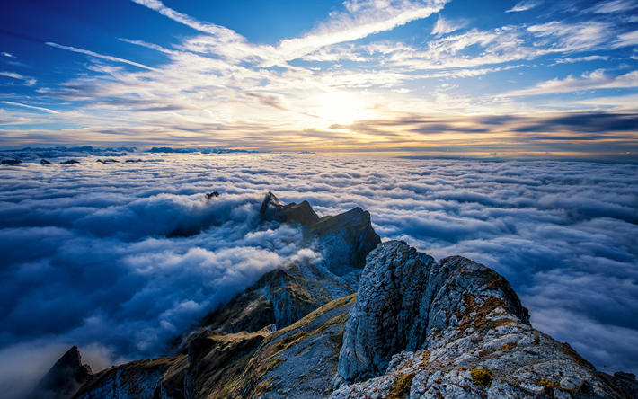 Saentis Mount, 4k, morning, clouds, mountains, Switzerland, Europe